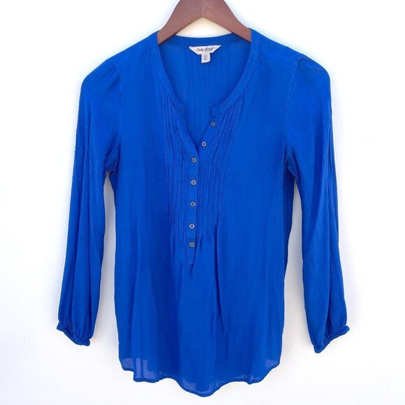 LUCKY BRAND Cobalt Blue Pleated Long Sleeve Pleated Button Up Henley Blouse - Picture 2 of 9